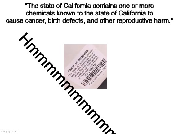 H̸̢̢̧̨͔͕̣͎͖͔̠͍͍͙̥̱̠̟̪̮̗̝̼̮̳̰͎̠̙͖͈̻̠͉̮̲̼͔̼̟̦̭̱̝̥͙̤͙̺̤̙̄͗̏͌̀́̃̑͋͂̑̈́̈́̓͋̉́̏͗̔̍̈́̀͆̑͘̕͜͜͜͠͠͠m̵̄͗̽̃͑͂̓̾͆̋̈́̽̈̿̊̓̏͗́̃͌̈͊̆͛̏̑̎̈͆̾̈́̈́̍͛͌̚̚̚̚ | "The state of California contains one or more chemicals known to the state of California to cause cancer, birth defects, and other reproductive harm."; Hmmmmmmmmmm | image tagged in blank white template,hmmm,wait what,stop reading the tags | made w/ Imgflip meme maker