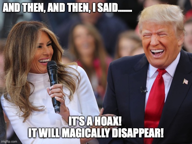 It's a Hoax! | AND THEN, AND THEN, I SAID....... IT'S A HOAX! 
IT WILL MAGICALLY DISAPPEAR! | image tagged in covid-19 | made w/ Imgflip meme maker