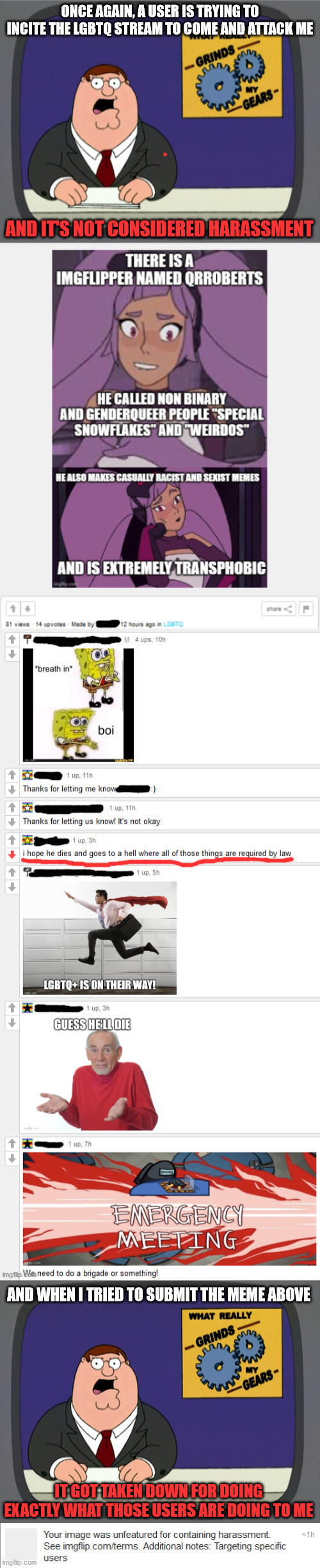 AND WHEN I TRIED TO SUBMIT THE MEME ABOVE; IT GOT TAKEN DOWN FOR DOING EXACTLY WHAT THOSE USERS ARE DOING TO ME | image tagged in memes,peter griffin news,hypocrisy,imgflip users,imgflip mods,lgbtq | made w/ Imgflip meme maker