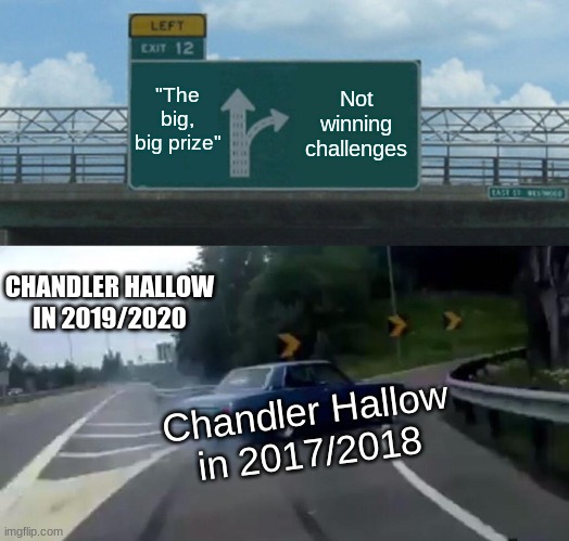 Left Exit 12 Off Ramp | "The big, big prize"; Not winning challenges; CHANDLER HALLOW IN 2019/2020; Chandler Hallow in 2017/2018 | image tagged in memes,left exit 12 off ramp,mrbeast | made w/ Imgflip meme maker