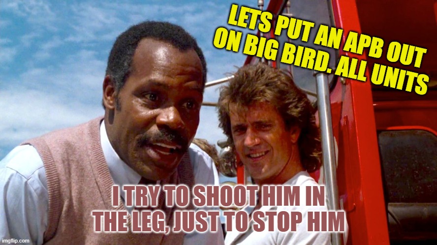 out on big bird |  LETS PUT AN APB OUT ON BIG BIRD. ALL UNITS; I TRY TO SHOOT HIM IN THE LEG, JUST TO STOP HIM | image tagged in out on big bird | made w/ Imgflip meme maker