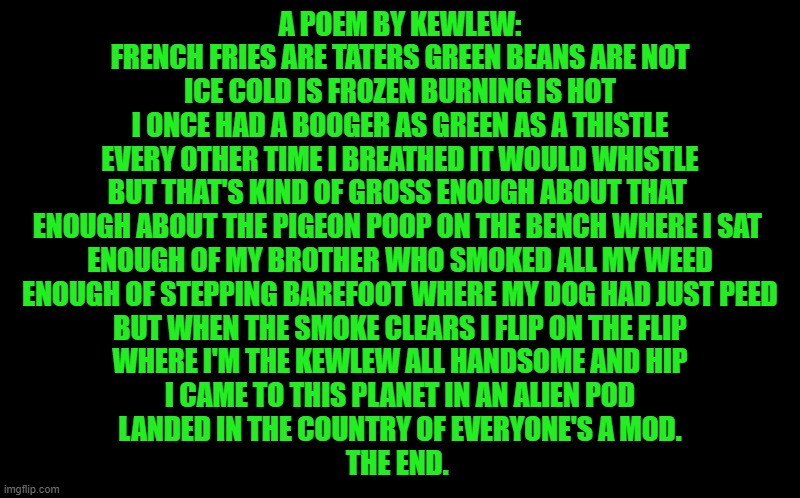 A poem by Kewlew | A POEM BY KEWLEW:
FRENCH FRIES ARE TATERS GREEN BEANS ARE NOT
ICE COLD IS FROZEN BURNING IS HOT
I ONCE HAD A BOOGER AS GREEN AS A THISTLE
EVERY OTHER TIME I BREATHED IT WOULD WHISTLE
BUT THAT'S KIND OF GROSS ENOUGH ABOUT THAT 
ENOUGH ABOUT THE PIGEON POOP ON THE BENCH WHERE I SAT 
ENOUGH OF MY BROTHER WHO SMOKED ALL MY WEED
ENOUGH OF STEPPING BAREFOOT WHERE MY DOG HAD JUST PEED
BUT WHEN THE SMOKE CLEARS I FLIP ON THE FLIP
WHERE I'M THE KEWLEW ALL HANDSOME AND HIP
I CAME TO THIS PLANET IN AN ALIEN POD
LANDED IN THE COUNTRY OF EVERYONE'S A MOD.
THE END. | image tagged in black screen,poem by kewlew | made w/ Imgflip meme maker