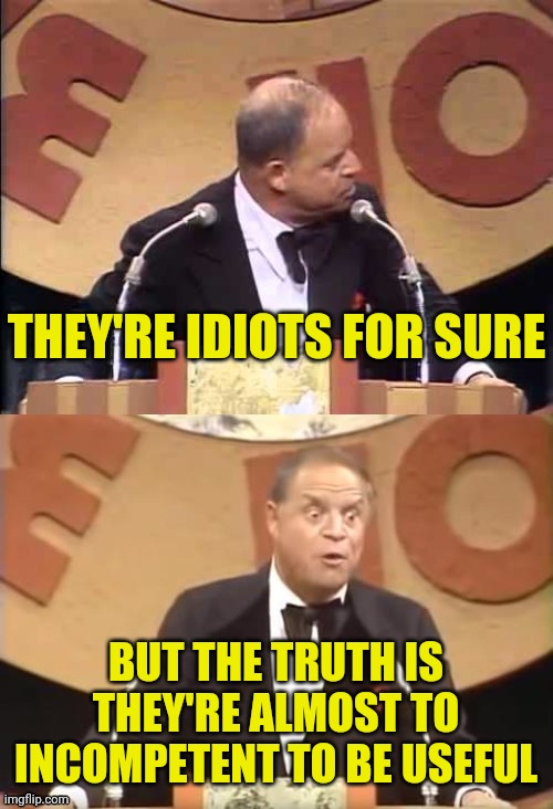 Don Rickles Roast | THEY'RE IDIOTS FOR SURE BUT THE TRUTH IS THEY'RE ALMOST TO INCOMPETENT TO BE USEFUL | image tagged in don rickles roast | made w/ Imgflip meme maker
