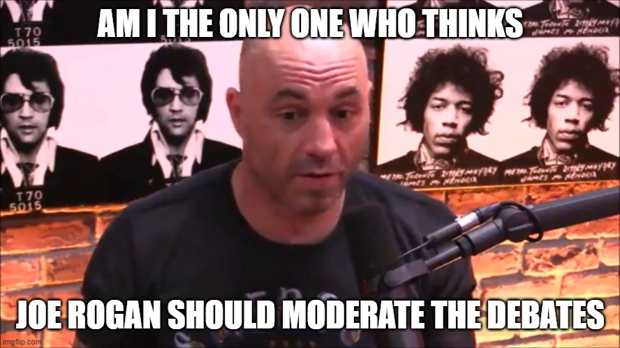 I think he would come up with better questions. | AM I THE ONLY ONE WHO THINKS; JOE ROGAN SHOULD MODERATE THE DEBATES | image tagged in debates,politics,funny memes,election 2020,president trump | made w/ Imgflip meme maker