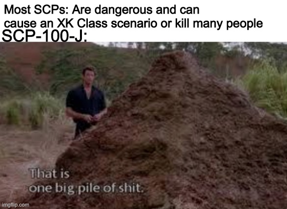 It literally is a steaming pile of shit | Most SCPs: Are dangerous and can cause an XK Class scenario or kill many people; SCP-100-J: | image tagged in scp,a pile of shit | made w/ Imgflip meme maker