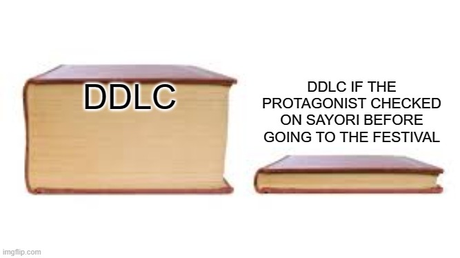 Big book small book |  DDLC; DDLC IF THE PROTAGONIST CHECKED ON SAYORI BEFORE GOING TO THE FESTIVAL | image tagged in big book small book,just sayori | made w/ Imgflip meme maker