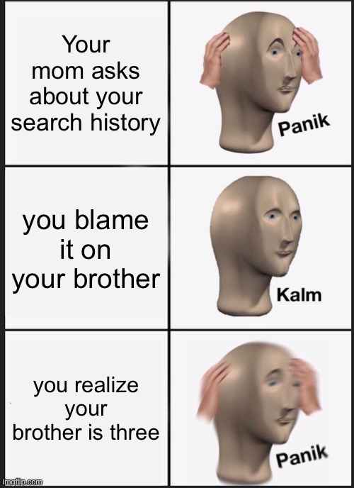 search history be like | Your mom asks about your search history; you blame it on your brother; you realize your brother is three | image tagged in memes,panik kalm panik | made w/ Imgflip meme maker