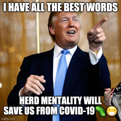 Herd mentality | I HAVE ALL THE BEST WORDS; HERD MENTALITY WILL SAVE US FROM COVID-19🦠😷 | image tagged in donald trump,donald trump is an idiot,covid-19 | made w/ Imgflip meme maker