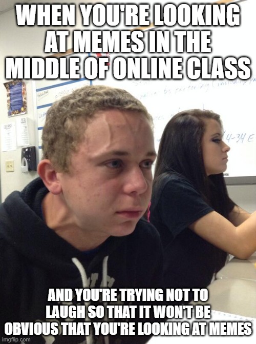 I am literally making this in the middle of online class | WHEN YOU'RE LOOKING AT MEMES IN THE MIDDLE OF ONLINE CLASS; AND YOU'RE TRYING NOT TO LAUGH SO THAT IT WON'T BE OBVIOUS THAT YOU'RE LOOKING AT MEMES | image tagged in hold fart | made w/ Imgflip meme maker