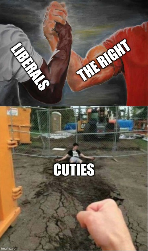 LIBERALS; THE RIGHT; CUTIES | image tagged in arm wrestling meme template,super punch cropped,cuties | made w/ Imgflip meme maker
