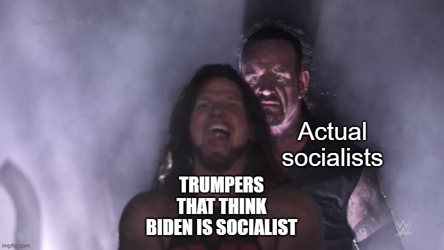 C'mon Trumpers. | Actual socialists; TRUMPERS THAT THINK BIDEN IS SOCIALIST | image tagged in aj styles undertaker,biden,trump,trump supporters,conservatives,socialists | made w/ Imgflip meme maker