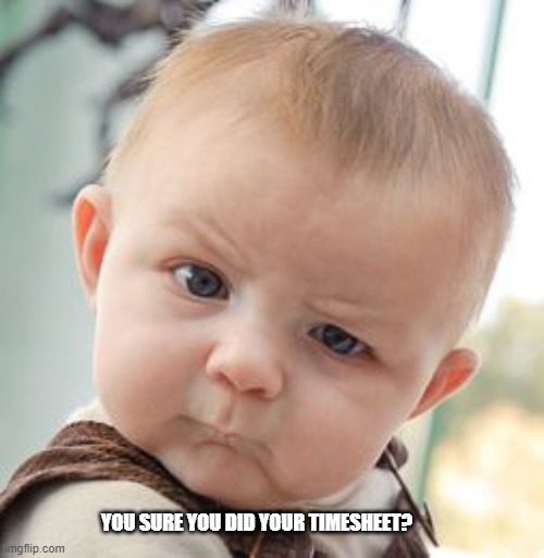 Baby Timesheet Reminder | YOU SURE YOU DID YOUR TIMESHEET? | image tagged in memes,skeptical baby,timesheet reminder,timesheet meme,funny reminder | made w/ Imgflip meme maker