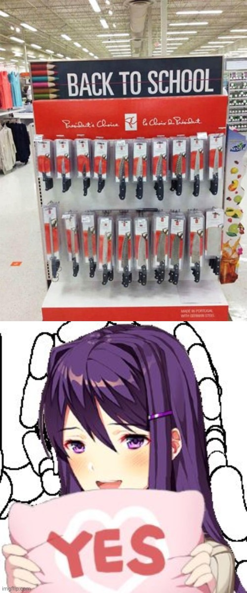 Yuri approves | image tagged in back to school,yuri,knives | made w/ Imgflip meme maker
