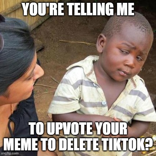 nah fam | YOU'RE TELLING ME; TO UPVOTE YOUR MEME TO DELETE TIKTOK? | image tagged in memes,third world skeptical kid | made w/ Imgflip meme maker