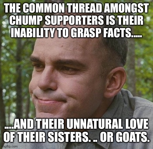 Carl Childers | THE COMMON THREAD AMONGST CHUMP SUPPORTERS IS THEIR INABILITY TO GRASP FACTS..... ....AND THEIR UNNATURAL LOVE OF THEIR SISTERS. .. OR GOATS. | image tagged in carl childers | made w/ Imgflip meme maker