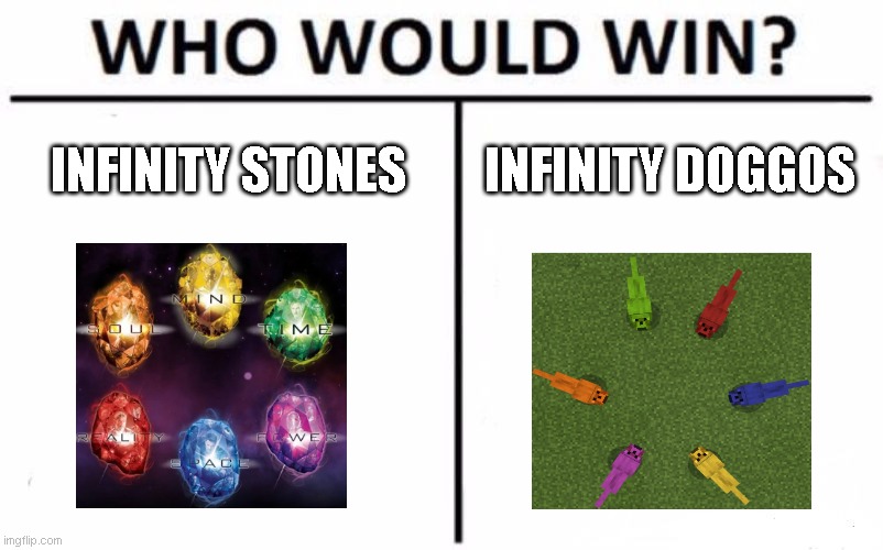 Infinity adn doggos | INFINITY STONES; INFINITY DOGGOS | image tagged in memes,who would win,thanos infinity stones,minecraft,doggos | made w/ Imgflip meme maker