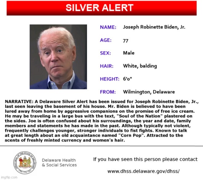 Silver Alert | image tagged in silver alert,missing senior,joe biden,satire | made w/ Imgflip meme maker