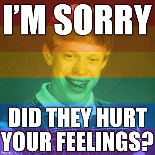 When the LGBTQ community on ImgFlip gets ‘em. | I’M SORRY DID THEY HURT YOUR FEELINGS? | image tagged in bad luck lgbt,lgbt,lgbtq,imgflip community,homophobia,homophobe | made w/ Imgflip meme maker