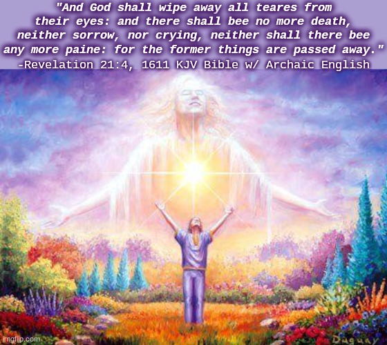 Revelation from Above | "And God shall wipe away all teares from their eyes: and there shall bee no more death, neither sorrow, nor crying, neither shall there bee any more paine: for the former things are passed away."; -Revelation 21:4, 1611 KJV Bible w/ Archaic English | image tagged in holy bible,revealing,immortality,utopia,heaven gates,awesome | made w/ Imgflip meme maker