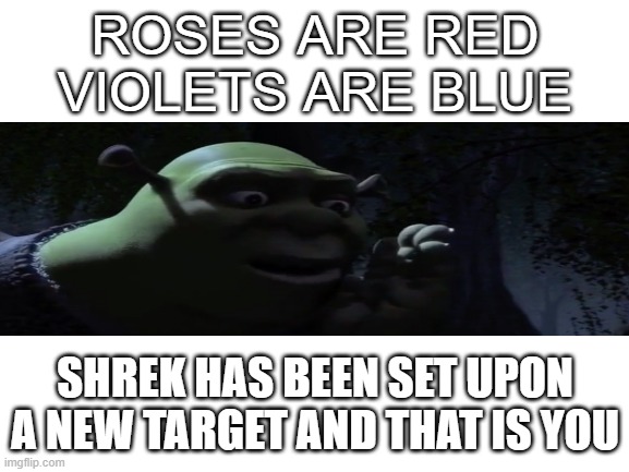 He is watching over all of us | ROSES ARE RED
VIOLETS ARE BLUE; SHREK HAS BEEN SET UPON A NEW TARGET AND THAT IS YOU | image tagged in shrek,roses are red | made w/ Imgflip meme maker