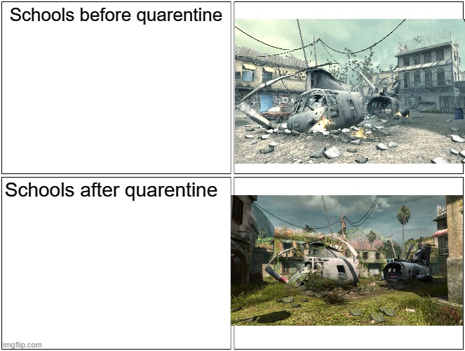 Schools | Schools before quarentine; Schools after quarentine | image tagged in memes,blank comic panel 2x2 | made w/ Imgflip meme maker