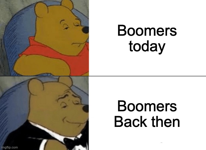 Tuxedo Winnie The Pooh | Boomers today; Boomers Back then | image tagged in memes,tuxedo winnie the pooh | made w/ Imgflip meme maker