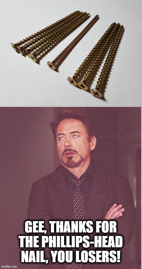 What went wrong here?! | GEE, THANKS FOR THE PHILLIPS-HEAD NAIL, YOU LOSERS! | image tagged in memes,face you make robert downey jr,phillips head nail,you had one job,defective manufacture | made w/ Imgflip meme maker