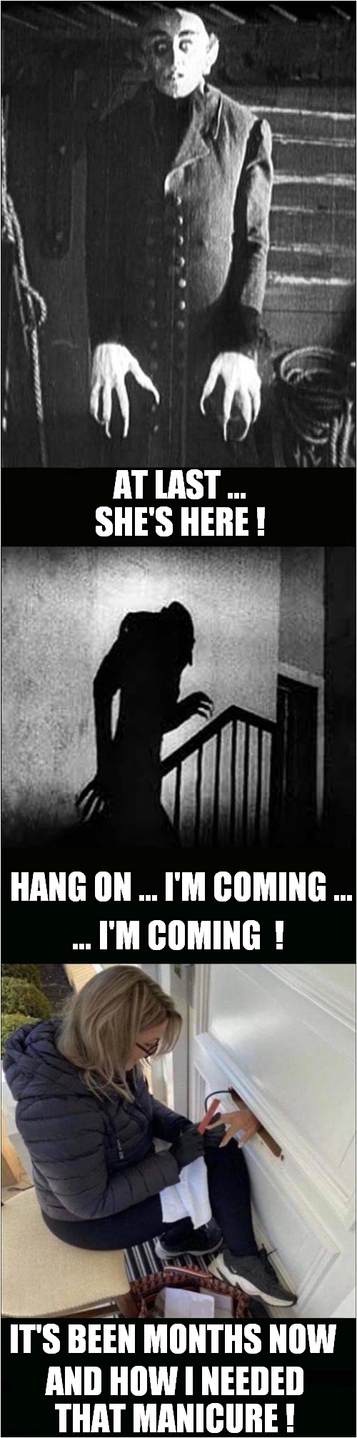 Now That's An Entrepreneur ! | AT LAST … SHE'S HERE ! HANG ON ... I'M COMING ... … I'M COMING  ! IT'S BEEN MONTHS NOW; AND HOW I NEEDED THAT MANICURE ! | image tagged in fun,covid,entrepreneur,nosferatu | made w/ Imgflip meme maker