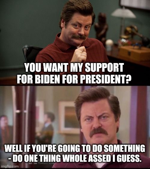 Save our Parks 2020 | YOU WANT MY SUPPORT FOR BIDEN FOR PRESIDENT? WELL IF YOU'RE GOING TO DO SOMETHING - DO ONE THING WHOLE ASSED I GUESS. | image tagged in ron swanson | made w/ Imgflip meme maker