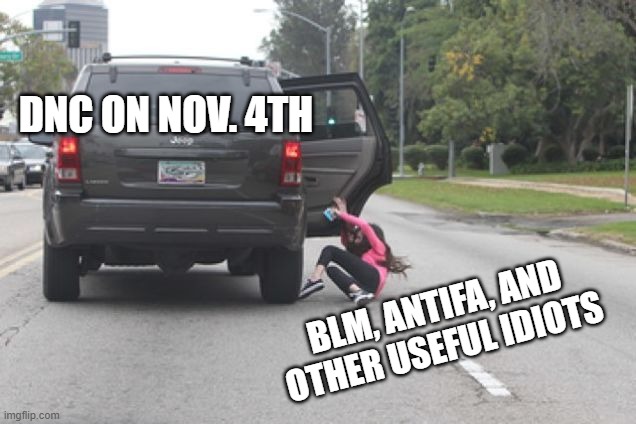 Kicked Out of Car | DNC ON NOV. 4TH BLM, ANTIFA, AND OTHER USEFUL IDIOTS | image tagged in kicked out of car | made w/ Imgflip meme maker