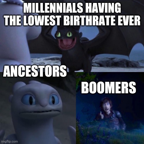 HTTYD Thumbs up | MILLENNIALS HAVING THE LOWEST BIRTHRATE EVER; ANCESTORS; BOOMERS | image tagged in httyd thumbs up | made w/ Imgflip meme maker