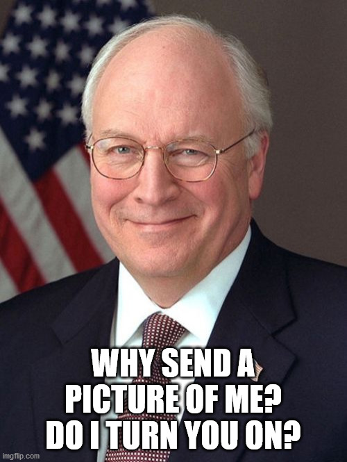 dick pic | WHY SEND A PICTURE OF ME? DO I TURN YOU ON? | image tagged in memes,dick cheney,dick pic | made w/ Imgflip meme maker