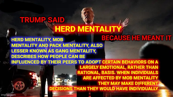 If You Accept Trump's Herd Mentality It Means You Accept You're In His Gang / Cult | TRUMP SAID; CERTAIN BEHAVIORS ON A LARGELY EMOTIONAL, RATHER THAN RATIONAL, BASIS. WHEN INDIVIDUALS ARE AFFECTED BY MOB MENTALITY THEY MAY MAKE DIFFERENT DECISIONS THAN THEY WOULD HAVE INDIVIDUALLY; HERD MENTALITY; BECAUSE HE MEANT IT; HERD MENTALITY, MOB MENTALITY AND PACK MENTALITY, ALSO LESSER KNOWN AS GANG MENTALITY, DESCRIBES HOW PEOPLE CAN BE INFLUENCED BY THEIR PEERS TO ADOPT | image tagged in memes,trump unfit unqualified dangerous,herd mentality,lock him up,crimes against humanity,trump lies | made w/ Imgflip meme maker