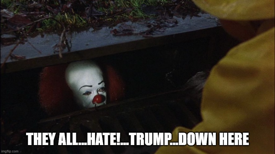 it clown in sewer | THEY ALL...HATE!...TRUMP...DOWN HERE | image tagged in it clown in sewer | made w/ Imgflip meme maker