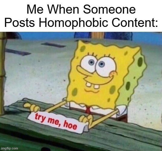 Not in This Stream You Won't, Homophobe! | Me When Someone Posts Homophobic Content: | image tagged in try me hoe,homophobic,memes,lgbtq,spongebob | made w/ Imgflip meme maker