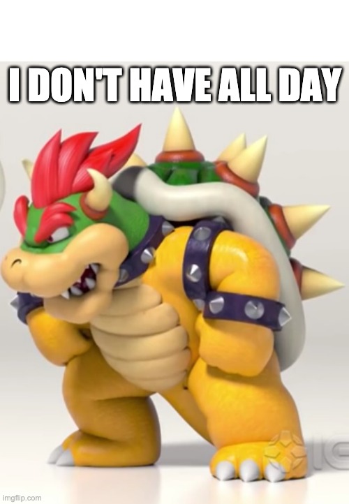 Impatient Bowser | I DON'T HAVE ALL DAY | image tagged in authoritarian bowser | made w/ Imgflip meme maker