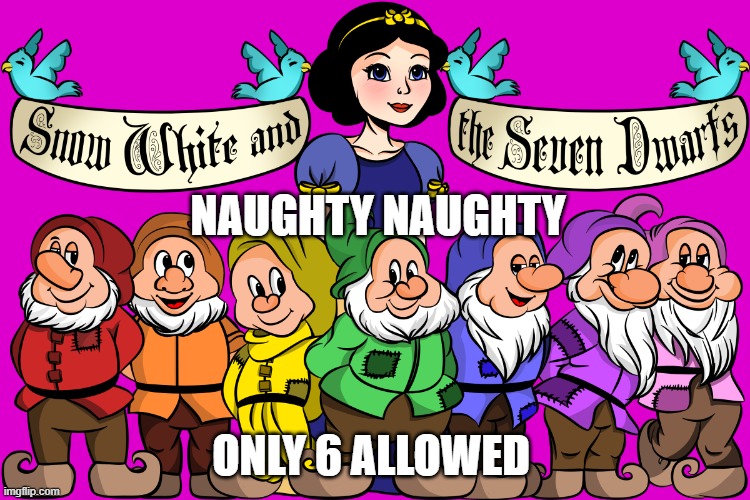 Snow White breaks covid rules | NAUGHTY NAUGHTY; ONLY 6 ALLOWED | image tagged in snow white,covid-19 | made w/ Imgflip meme maker