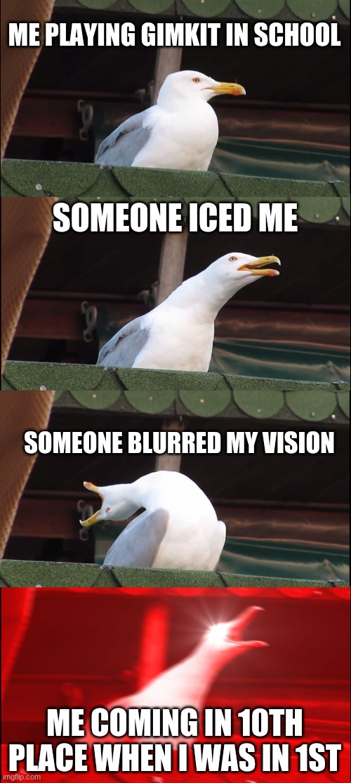 When you play Gimkit in school and there's just that one unbeatable kid... ? | ME PLAYING GIMKIT IN SCHOOL; SOMEONE ICED ME; SOMEONE BLURRED MY VISION; ME COMING IN 10TH PLACE WHEN I WAS IN 1ST | image tagged in memes,inhaling seagull,school,funny memes,relatable | made w/ Imgflip meme maker