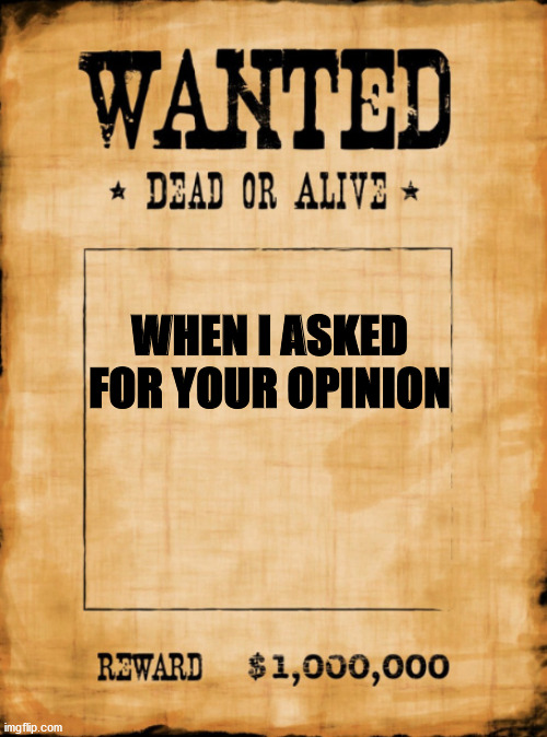 lol | WHEN I ASKED FOR YOUR OPINION | image tagged in wanted dead or alive,roasted,not funny,trash | made w/ Imgflip meme maker