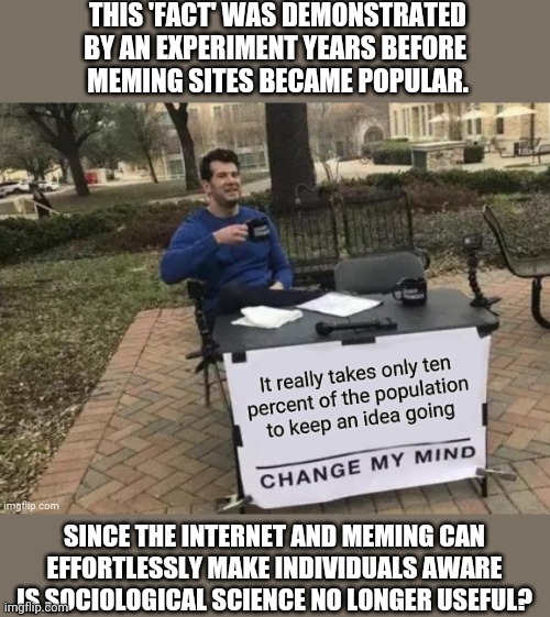 Amazed how my meme got 200 upvotes versus 10,000 views while really popular memes get  [less] 1,000 vs 10,000. | THIS 'FACT' WAS DEMONSTRATED BY AN EXPERIMENT YEARS BEFORE 
MEMING SITES BECAME POPULAR. SINCE THE INTERNET AND MEMING CAN EFFORTLESSLY MAKE INDIVIDUALS AWARE IS SOCIOLOGICAL SCIENCE NO LONGER USEFUL? | image tagged in climate change,meming law of ideas,question | made w/ Imgflip meme maker