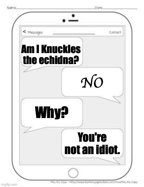 Am I Knuckles the echidna | Am I Knuckles the echidna? NO; Why? You're not an idiot. | image tagged in text messages,knuckles the echidna | made w/ Imgflip meme maker