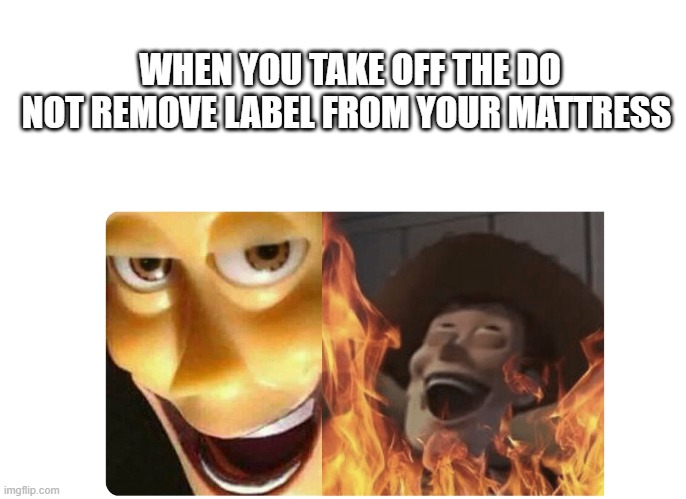 Satanic Woody | WHEN YOU TAKE OFF THE DO NOT REMOVE LABEL FROM YOUR MATTRESS | image tagged in satanic woody | made w/ Imgflip meme maker