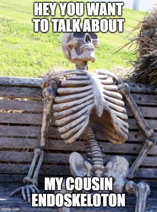 Waiting Skeleton Meme | HEY YOU WANT TO TALK ABOUT; MY COUSIN ENDOSKELOTON | image tagged in memes,waiting skeleton | made w/ Imgflip meme maker