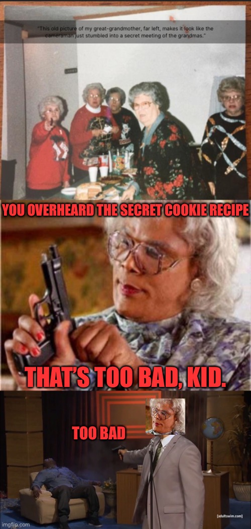 She had to destroy any evidence, whether she liked it or not. She was bound to grandma law | YOU OVERHEARD THE SECRET COOKIE RECIPE; THAT’S TOO BAD, KID. TOO BAD | image tagged in memes,funny,funny memes,grandma,gun,dank memes | made w/ Imgflip meme maker