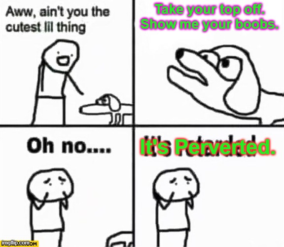 Oh no it's retarded! | Take your top off. Show me your boobs. It's Perverted. | image tagged in oh no it's retarded | made w/ Imgflip meme maker