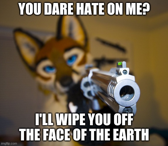 You dare hate on me? | YOU DARE HATE ON ME? I'LL WIPE YOU OFF THE FACE OF THE EARTH | image tagged in furry with gun | made w/ Imgflip meme maker