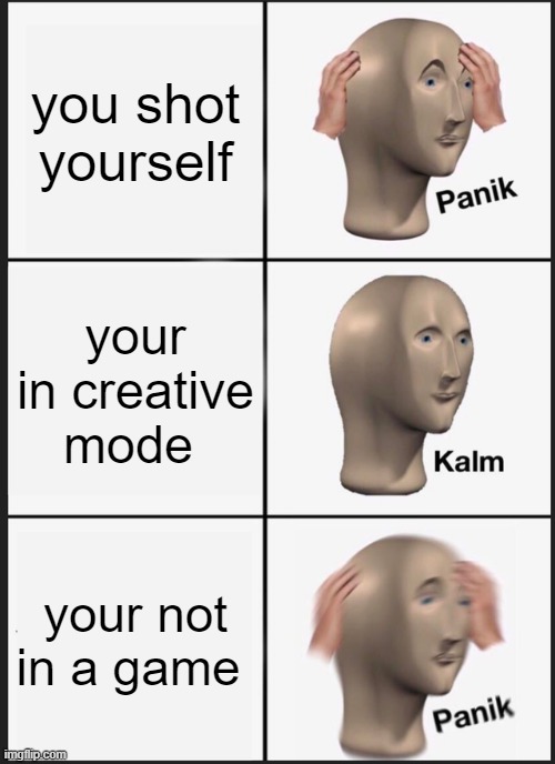 Panik Kalm Panik Meme | you shot yourself; your in creative mode; your not in a game | image tagged in memes,panik kalm panik | made w/ Imgflip meme maker