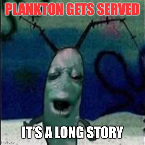 Plankton gets served | PLANKTON GETS SERVED IT’S A LONG STORY | image tagged in plankton gets served | made w/ Imgflip meme maker