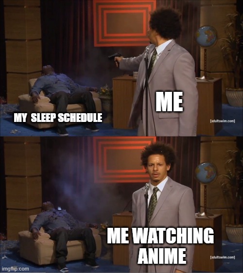 Who Killed Hannibal Meme | ME; MY  SLEEP SCHEDULE; ME WATCHING 
ANIME | image tagged in memes,who killed hannibal | made w/ Imgflip meme maker