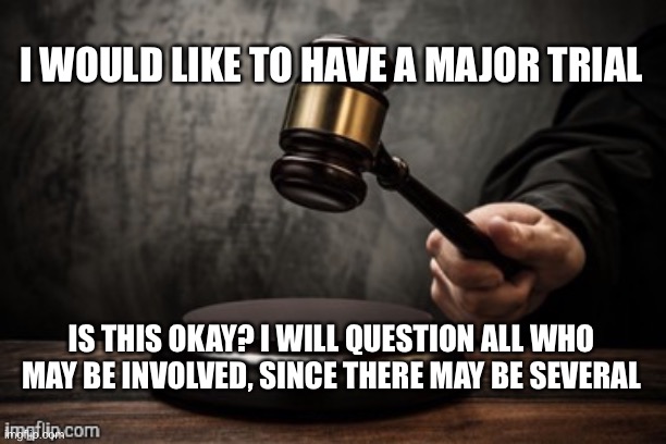 We need to get this over with | I WOULD LIKE TO HAVE A MAJOR TRIAL; IS THIS OKAY? I WILL QUESTION ALL WHO MAY BE INVOLVED, SINCE THERE MAY BE SEVERAL | image tagged in court | made w/ Imgflip meme maker